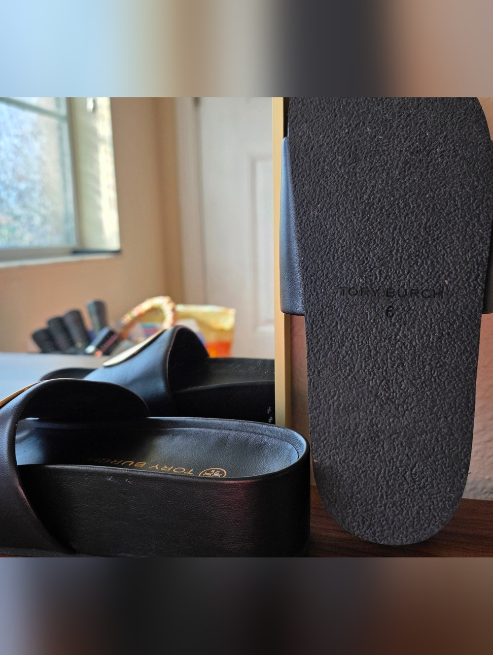 Tory Burch Black Leather Slides with Gold Medallion - Picture 3 of 3